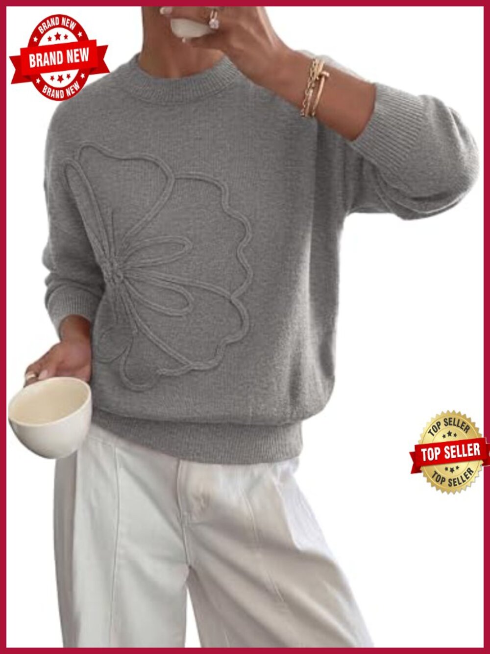 Floral Long Sleeve Knit Pullover Sweater Crewneck Cozy Fall Winter Top